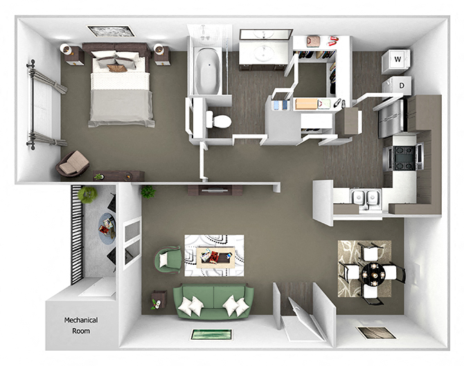 Floor plan for 1 bed, 1 bath, 781 sqft