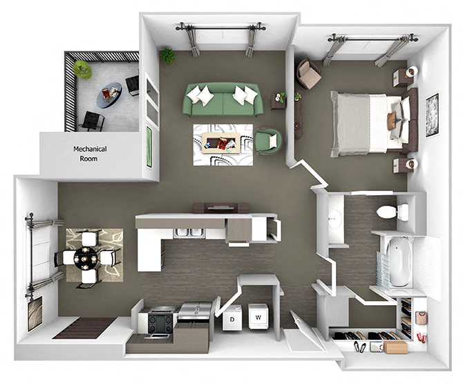 Floor plan for 1 bed, 1 bath, 857 sqft