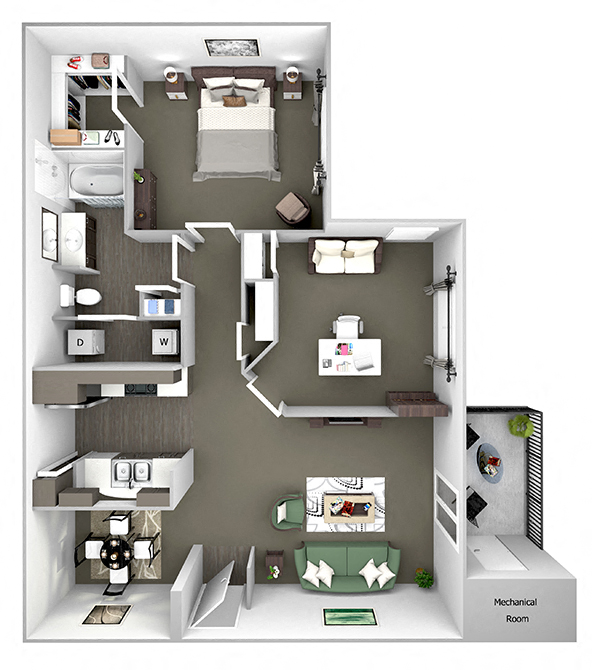 Floor plan for 1 bed, 1 bath, 933 sqft