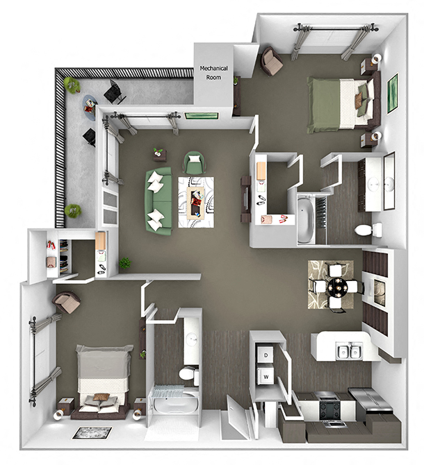 Floor plan for 2 beds, 2 baths, 1190 sqft