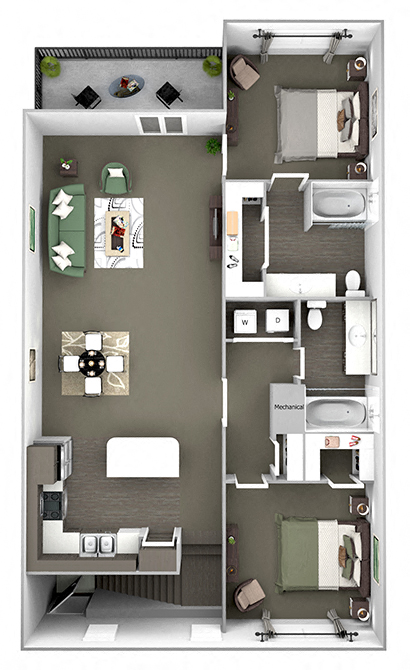 Floor plan for 2 beds, 2 baths, 1229 sqft