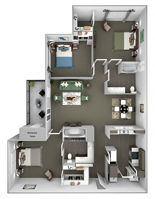 Floor plan for 3 beds, 2 baths, 1312 sqft