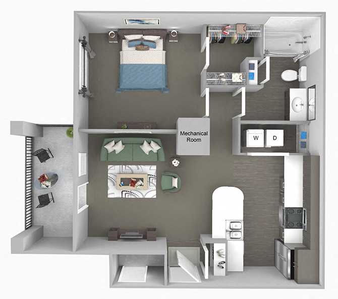 Floor plan for 1 bed, 1 bath, 695 sqft