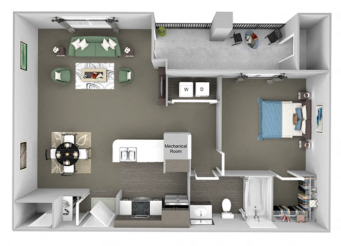 Floor plan for 1 bed, 1 bath, 722 sqft