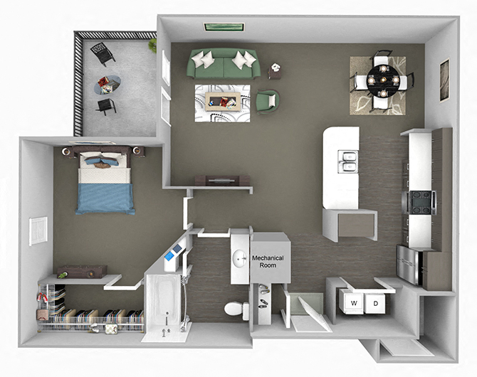 Floor plan for 1 bed, 1 bath, 812 sqft