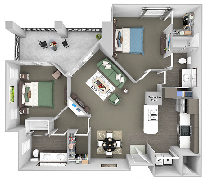 Floor plan for 2 beds, 2 baths, 1195 sqft