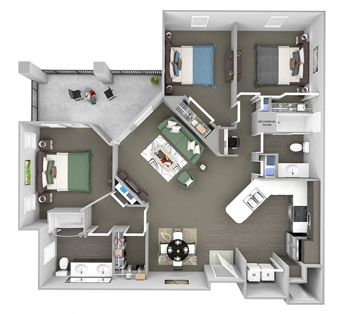 Floor plan for 3 beds, 2 baths, 1327 sqft