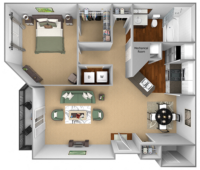 Floor plan for 1 bed, 1 bath, 769 sqft