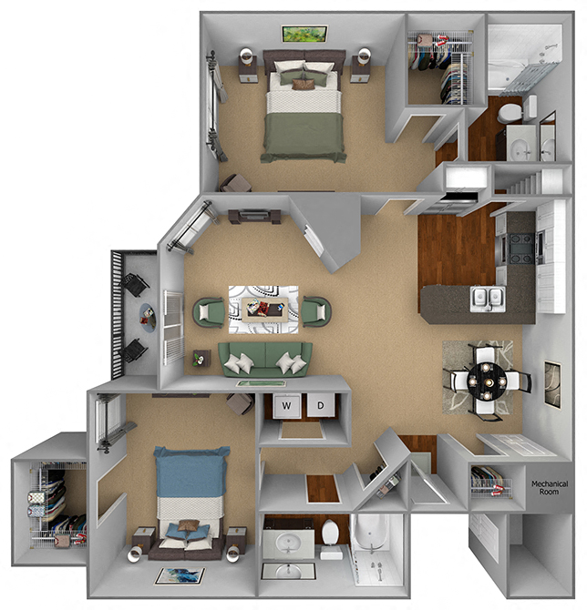 Floor plan for 2 beds, 2 baths, 1042 sqft