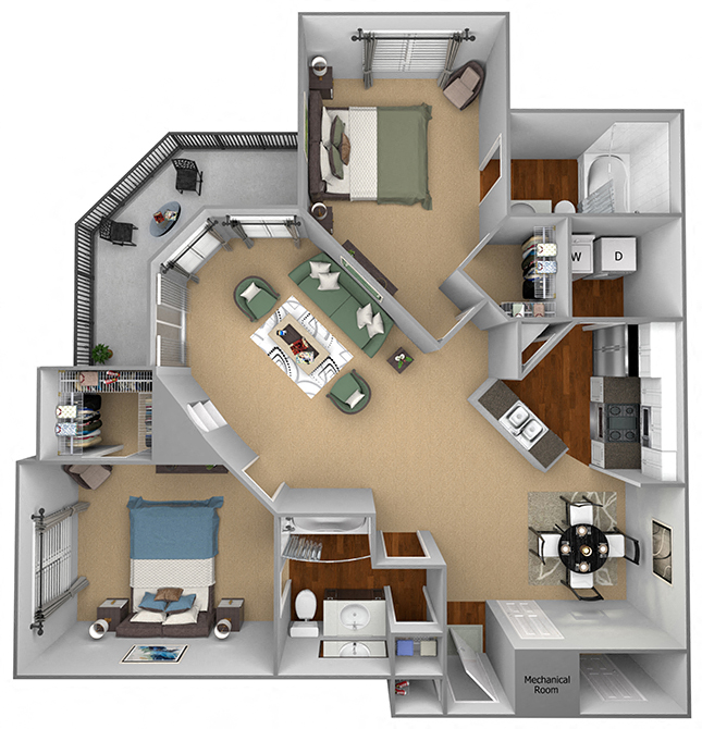 Floor plan for 2 beds, 2 baths, 1096 sqft