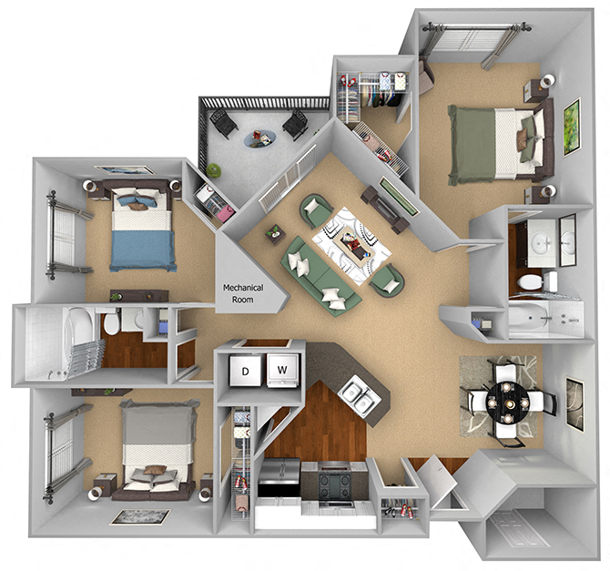 Floor plan for 3 beds, 2 baths, 1251 sqft