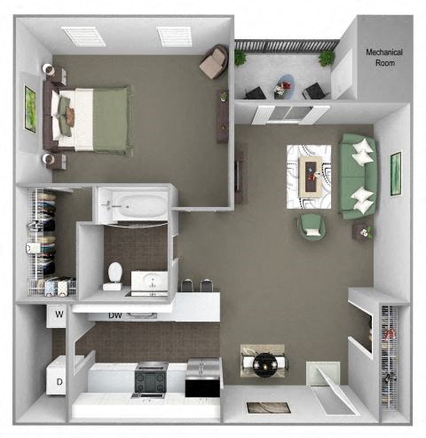 Floor plan for 1 bed, 1 bath, 843 sqft