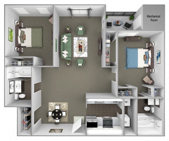Floor plan for 2 beds, 2 baths, 983 sqft