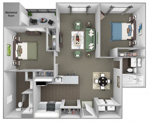 Floor plan for 2 beds, 2 baths, 989 sqft