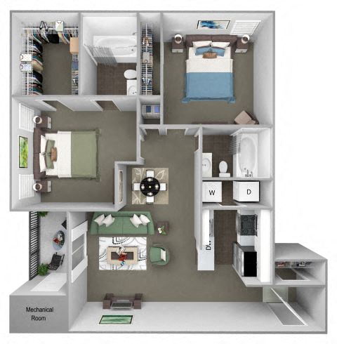 Floor plan for 2 beds, 2 baths, 1020 sqft