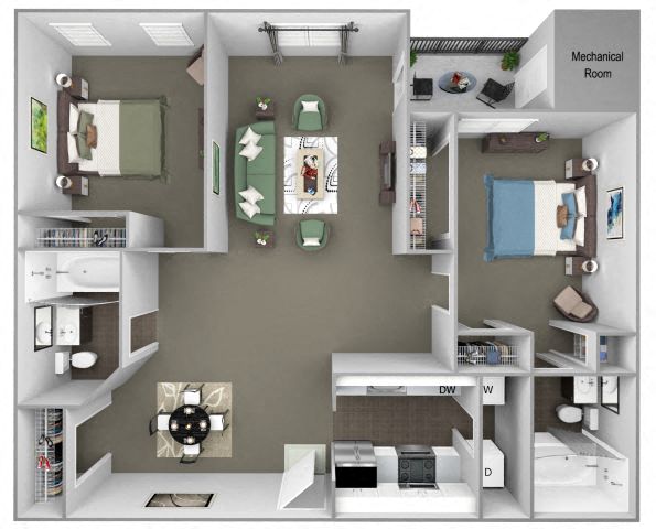 Floor plan for 2 beds, 2 baths, 1023 sqft