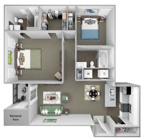 Floor plan for 2 beds, 2 baths, 1027 sqft