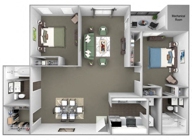Floor plan for 2 beds, 2 baths, 1070 sqft