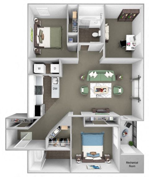 Floor plan for 2 beds, 2 baths, 1193 sqft