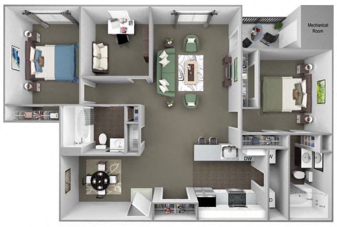 Floor plan for 2 beds, 2 baths, 1195 sqft