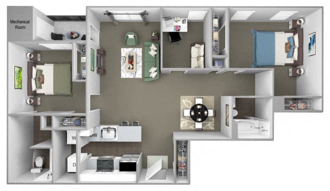 Floor plan for 2 beds, 2 baths, 1370 sqft