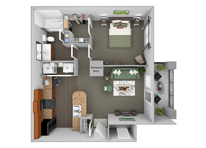 Floor plan for 1 bed, 1 bath, 695 sqft