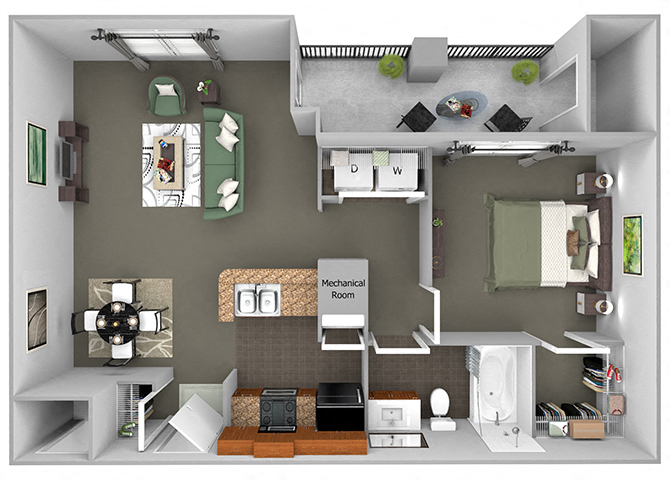 Floor plan for 1 bed, 1 bath, 740 sqft