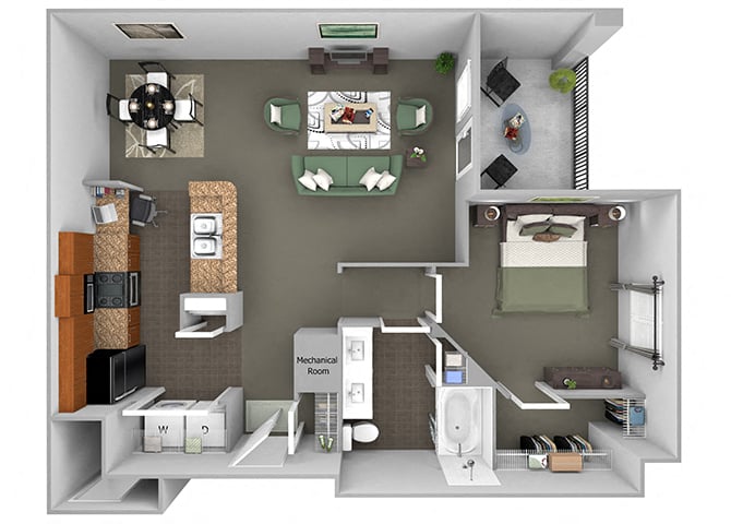 Floor plan for 1 bed, 1 bath, 809 sqft