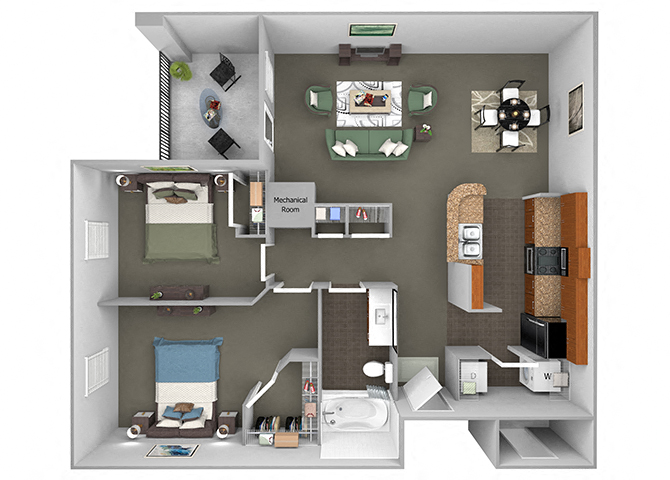 Floor plan for 2 beds, 1 bath, 983 sqft