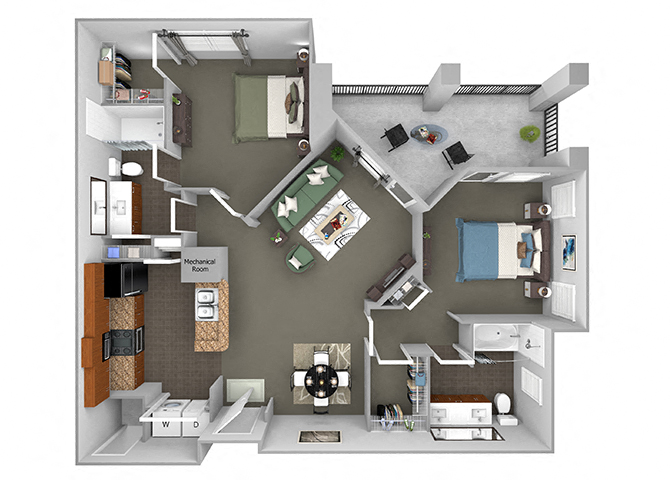 Floor plan for 2 beds, 2 baths, 1195 sqft