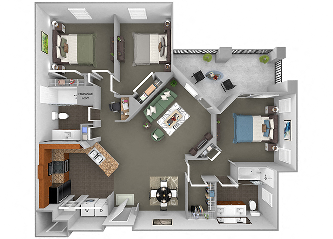 Floor plan for 3 beds, 2 baths, 1327 sqft