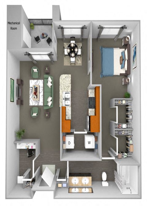 Floor plan for 1 bed, 1 bath, 885 sqft