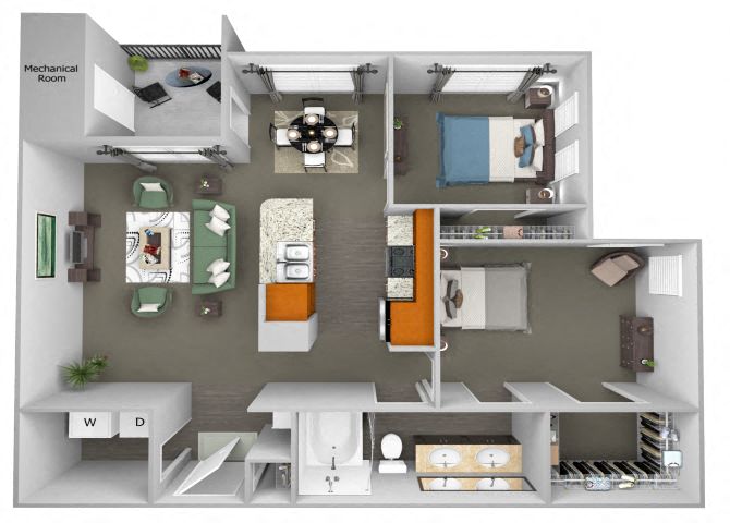 Floor plan for 2 beds, 1 bath, 963 sqft