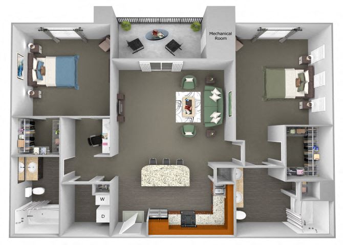 Floor plan for 2 beds, 2 baths, 1157 sqft