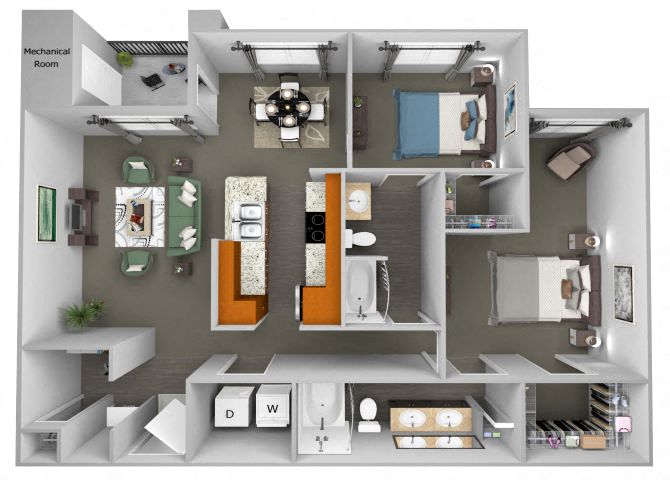 Floor plan for 2 beds, 2 baths, 1253 sqft