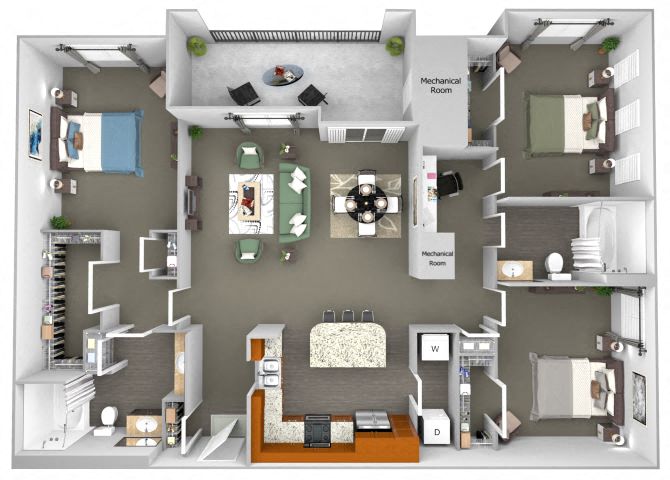 Floor plan for 3 beds, 2 baths, 1453 sqft