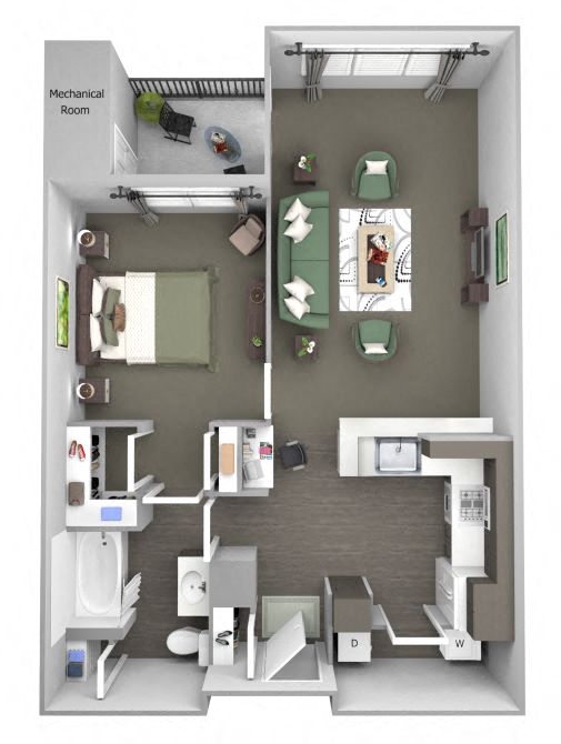 Floor plan for 1 bed, 1 bath, 779 sqft