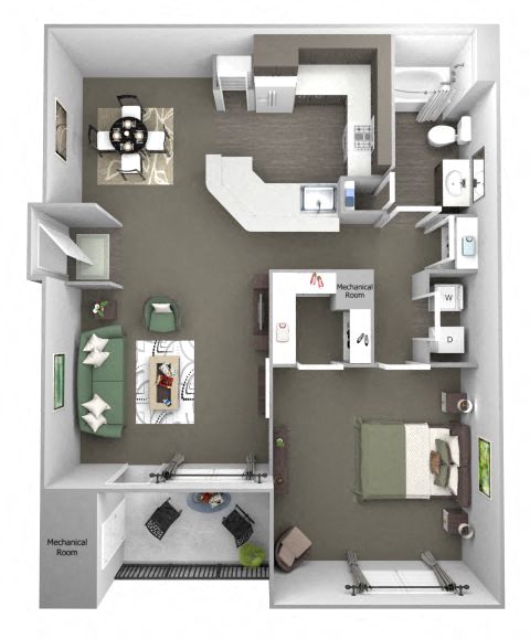 Floor plan for 1 bed, 1 bath, 842 sqft