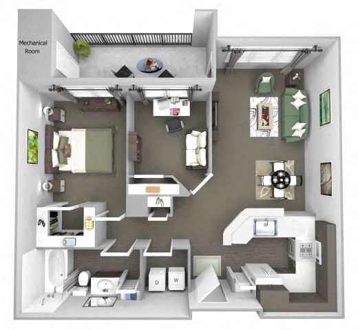Floor plan for 1 bed, 1 bath, 977 sqft