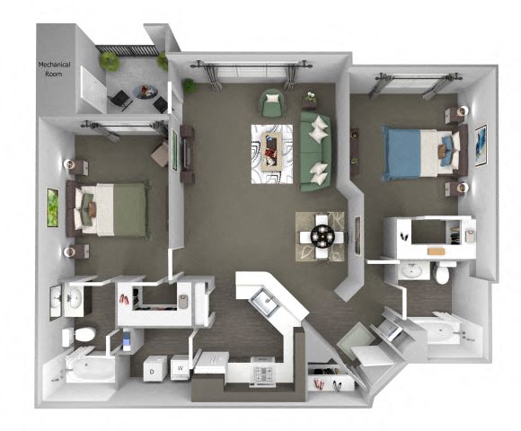 Floor plan for 2 beds, 2 baths, 1157 sqft