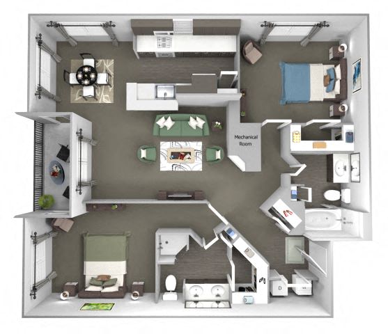 Floor plan for 2 beds, 2 baths, 1167 sqft