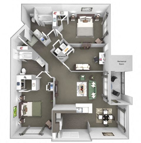 Floor plan for 2 beds, 2 baths, 1350 sqft