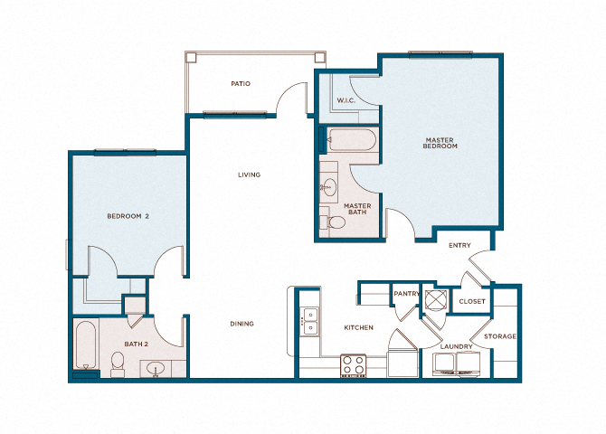 Floor plan for 2 beds, 2 baths, 1114 sqft