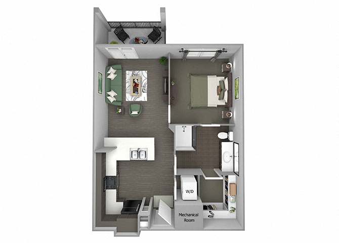 Floor plan for 1 bed, 1 bath, 680 sqft