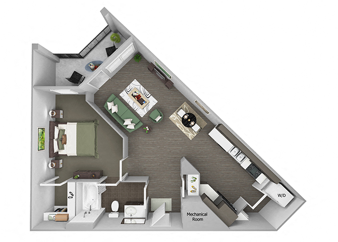 Floor plan for 1 bed, 1 bath, 737 sqft