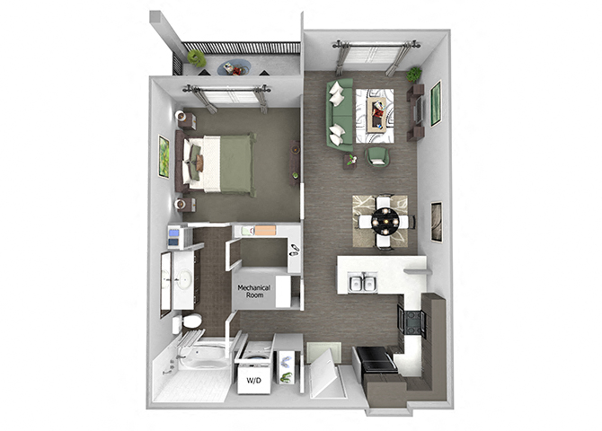 Floor plan for 1 bed, 1 bath, 776 sqft