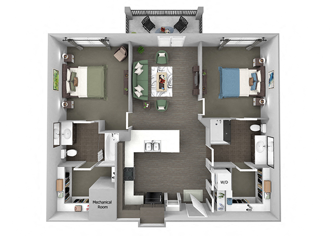 Floor plan for 2 beds, 2 baths, 1012 sqft
