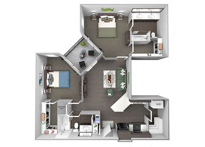 Floor plan for 2 beds, 2 baths, 1104 sqft