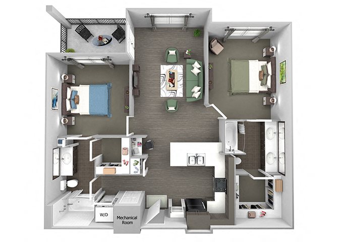 Floor plan for 2 beds, 2 baths, 1176 sqft