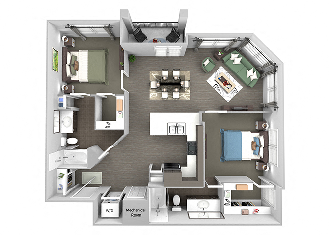Floor plan for 2 beds, 2 baths, 1212 sqft